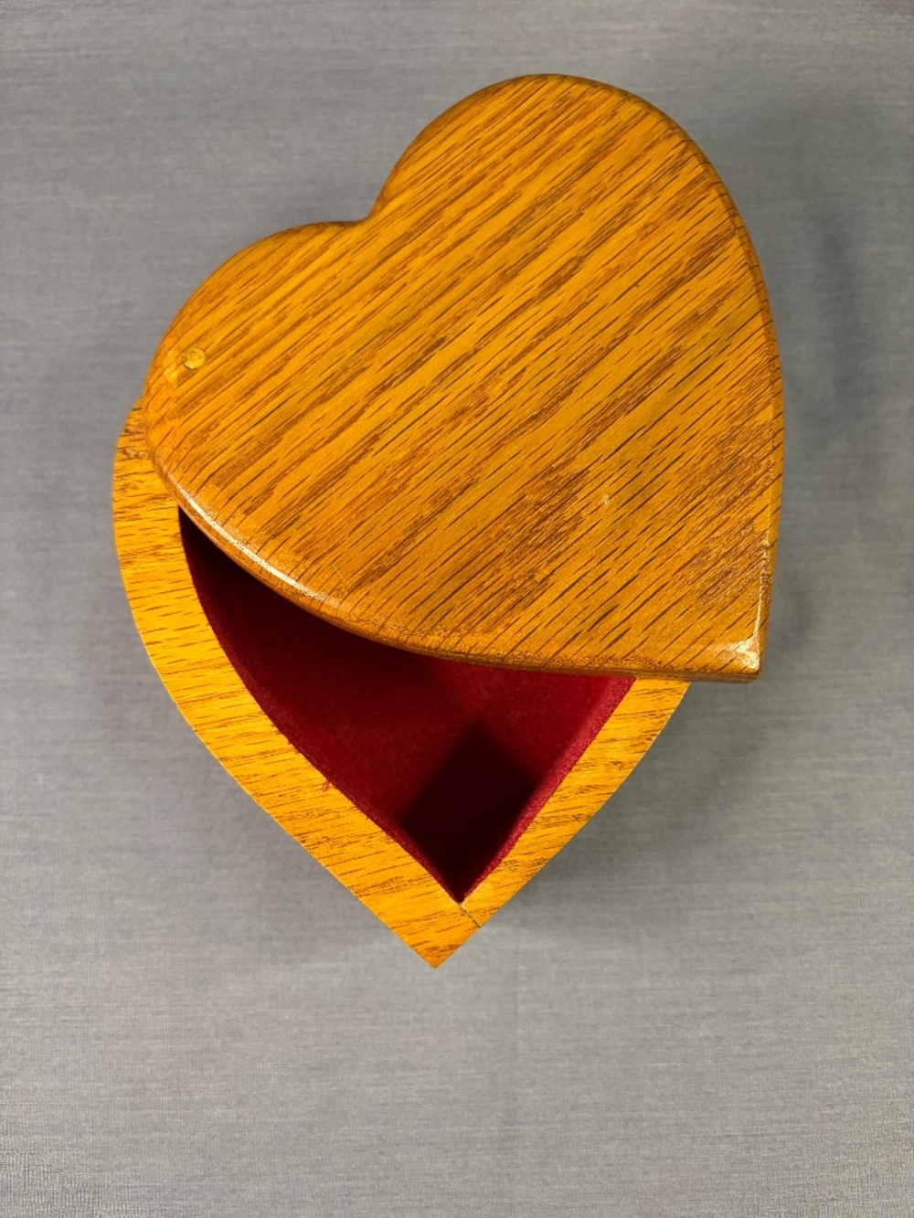 Vintage Oak Trinket Jewelry Box Velvet Lined Swivel Lid Handmade Wooden Heart